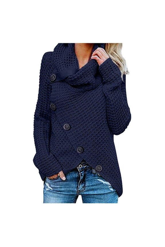Women's Cowl Neck Long Sleeve Pullover Solid Color Sweater Knitted Casual Jumper Tops With Button Decor