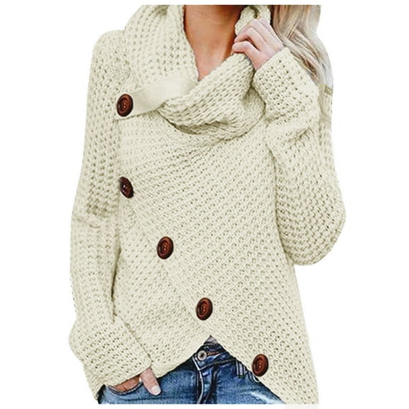 Women's Cowl Neck Long Sleeve Pullover Solid Color Sweater Knitted Casual Jumper Tops With Button Decor