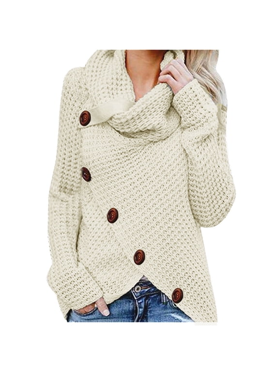 Women's Cowl Neck Long Sleeve Pullover Solid Color Sweater Knitted Casual Jumper Tops With Button Decor