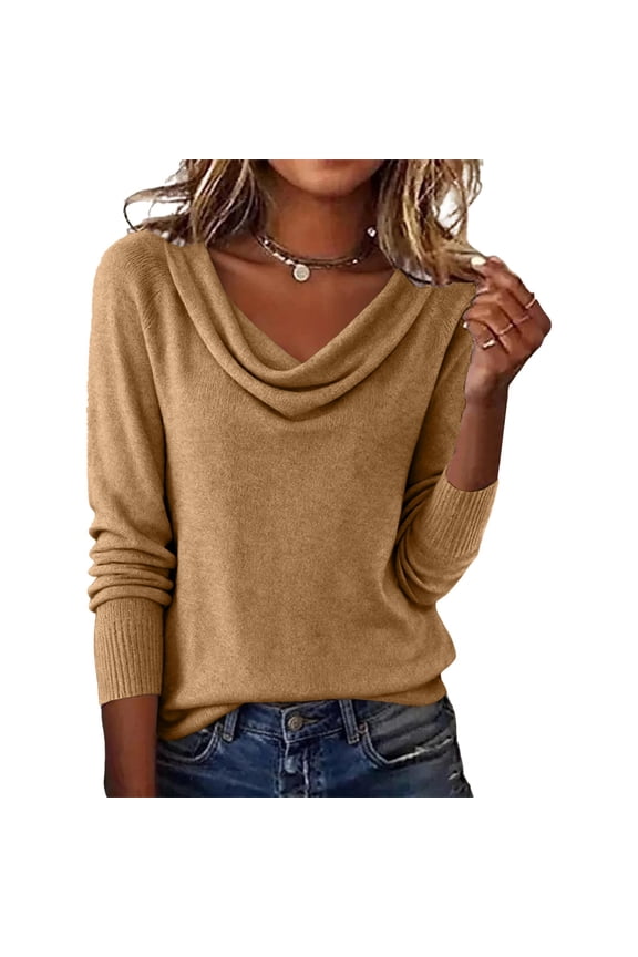 Women's Cowl Neck Long Sleeve Sweater, Lightweight Loose Fit Knit Pullover Top, Soft Basic Solid Color Tunic for Fall Winter Casual Daily Wear