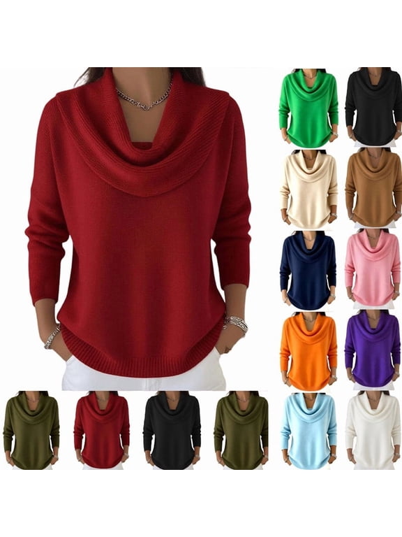 Women's Cowl Neck Pullover Sweater Long Sleeve Draped Knit Tunic Top Casual Fall Blouse