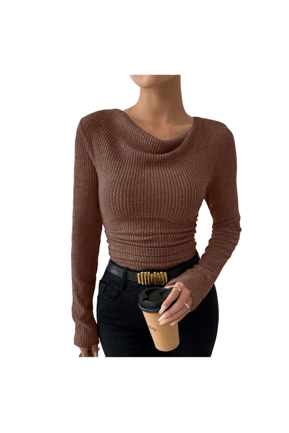 Women's Cowl Neck Ribbed Knit Top - Draped Slim Fit Long Sleeve Ruched Shirt, Soft Stretch Fall Going Out Basic Top