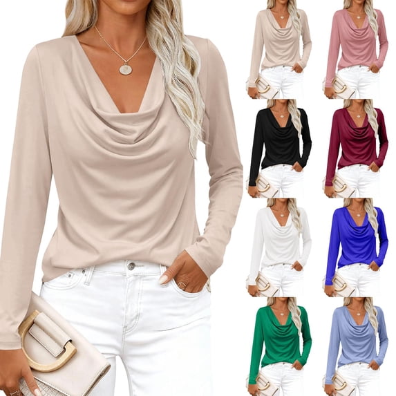 Women's Cowl Neck Ruched Tops Dressy Casual Long Sleeve Work Office T Shirts White 2XL
