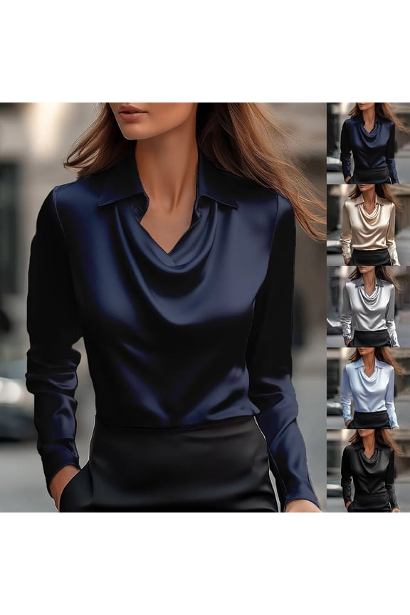 Women's Cowl Neck Satin Blouse, Elegant Long Sleeve Silk Shirt Top, Draped Neck Work Blouse for Office, Business Meetings, Evening Wear and Formal Events Black