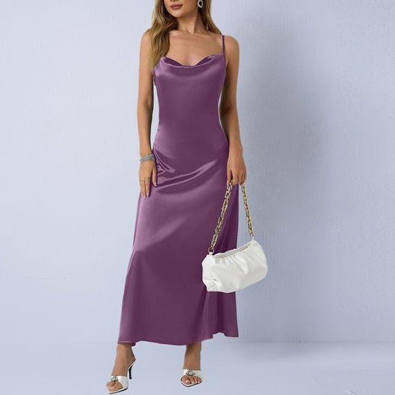 Women's Cowl Neck Satin Maxi Dress Spaghetti Strap Sleeveless Backless Silk Feel Slip Dress Elegant Wedding Guest Cocktail Party Evening Formal Dress