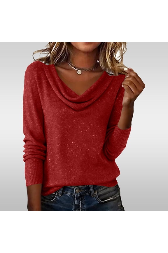 Women's Cowl Neck Sequin Sweater, Long Sleeve Sparkly Pullover, Draped Sequin Top, Glitter Party Sweater, Holiday Evening Top, Loose Fit Glam Top, Shimmery Cowl Neck Top Red XL