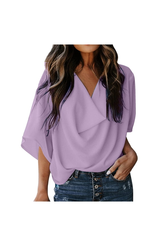 Women's Cowl Neck Short Sleeve Chiffon Blouse Wrap Draped Front Loose Fit Work Casual Shirt Tops