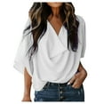 thumbnail image 1 of Women's Cowl Neck Short Sleeve Chiffon Blouse Wrap Draped Front Loose Fit Work Casual Shirt Tops, 1 of 6