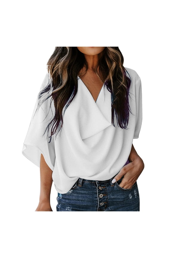 Women's Cowl Neck Short Sleeve Chiffon Blouse Wrap Draped Front Loose Fit Work Casual Shirt Tops