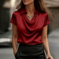 thumbnail image 1 of Women's Cowl Neck Short Sleeve Pullover Blouses Satin Silk Shirts Casual Loose Elegant Work Tunic Tops,Wine - L, 1 of 5