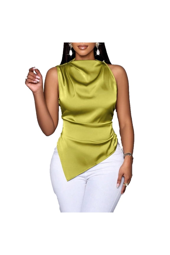 Women's Cowl Neck Sleeveless Satin Blouse, Asymmetrical Hem Top With Draped Collar, Sophisticated For Parties And Events