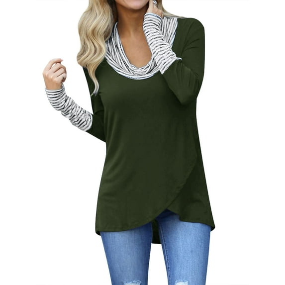 Women's Cowl Neck Striped Long Sleeve High-Low Hem Tunic Top