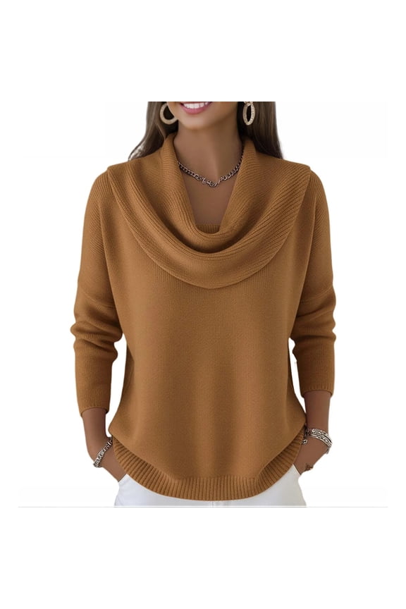 Women's Cowl Neck Sweater Lightweight Solid Color Long Sleeve Knit Pullover Jumper Tops Brown L