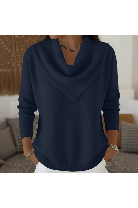 Women's Cowl Neck Sweater Lightweight Solid Color Long Sleeve Knit Pullover Jumper Tops Navy XL