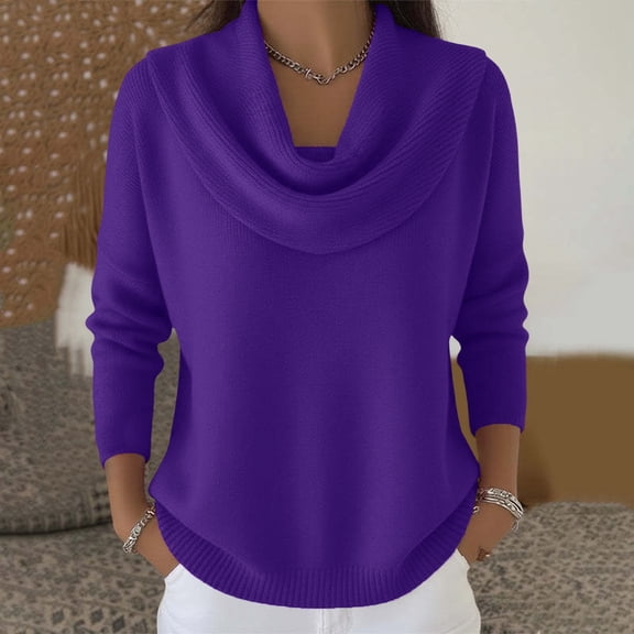 Women's Cowl Neck Sweater Lightweight Solid Color Long Sleeve Knit Pullover Jumper Tops Purple XL