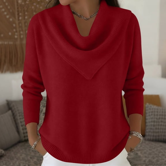 Women's Cowl Neck Sweater Lightweight Solid Color Long Sleeve Knit Pullover Jumper Tops Red 2XL