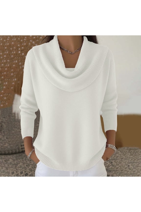 Women's Cowl Neck Sweater Lightweight Solid Color Long Sleeve Knit Pullover Jumper Tops White XL