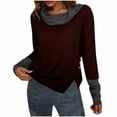 thumbnail image 1 of Women's Cowl Neck Sweater Trendy 2025 Fall Color Block Pullovers Tops Knitted Ribbed Split Side Hem Tunic Blouse, 1 of 8