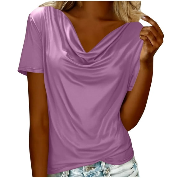 Women’s Cowl Neck T-Shirt Summer Fashion Short Sleeve Tops Business Casual Blouses ,Purple,L