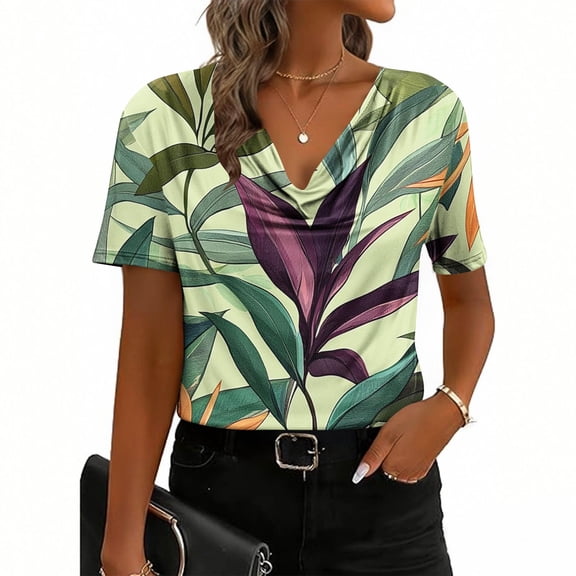 Women's Cowl Neck Tops Summer Short Sleeve T-Shirts Casual Dressy Loose Printing Blouses Pullover Solid Elegant Business Shirts