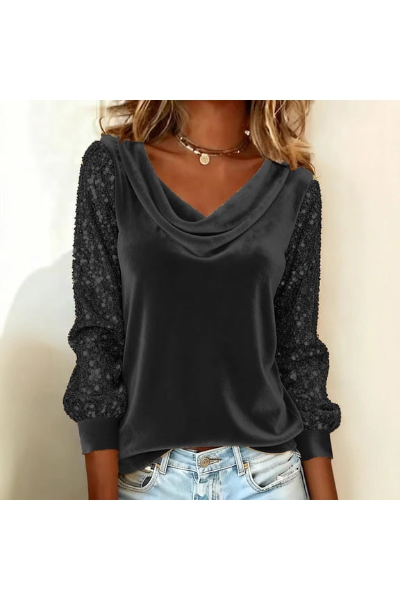Women's Cowl Neck Velvet T-Shirt, Long Sleeve Top with Sparkly Sequin Sleeves, Glitter Blouse for Evening Party, Date Night and Special Occasion Black M