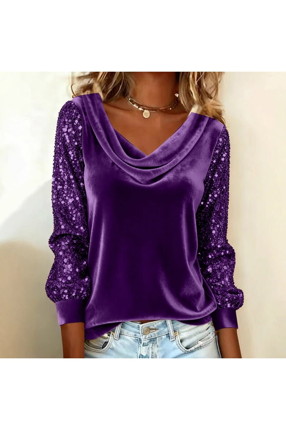 Women's Cowl Neck Velvet T-Shirt, Long Sleeve Top with Sparkly Sequin Sleeves, Glitter Blouse for Evening Party, Date Night and Special Occasion Purple XL