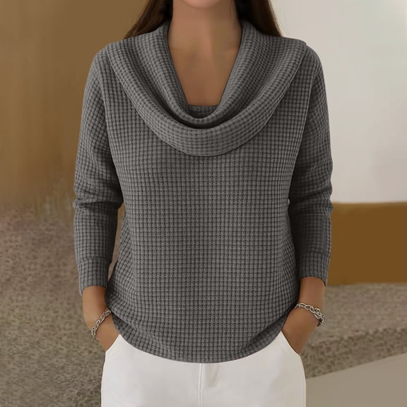 Women's Cowl Neck Waffle Knit Pullover Top, Solid Color Long Sleeve Casual Sweater, Soft Comfy Tunic for Daily Office Fall Wear 05-Gray S