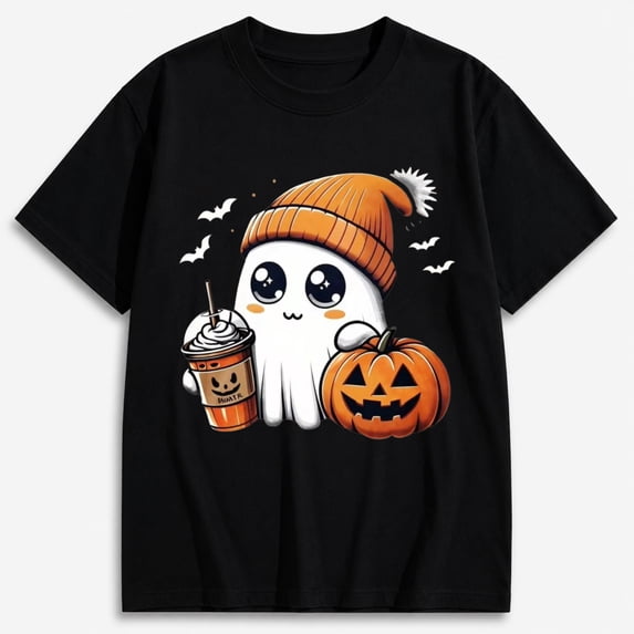 Women's Cozy Beanie Ghost with Coffee and Pumpkin Halloween Shirt, Cute Spooky Graphic Short Sleeve T-Shirt