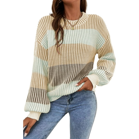 Women's Cozy Brown Colorblock Textured Knit Bubble Sleeve Sweater - [ZhiHiMeRi] | (US 12-14)L