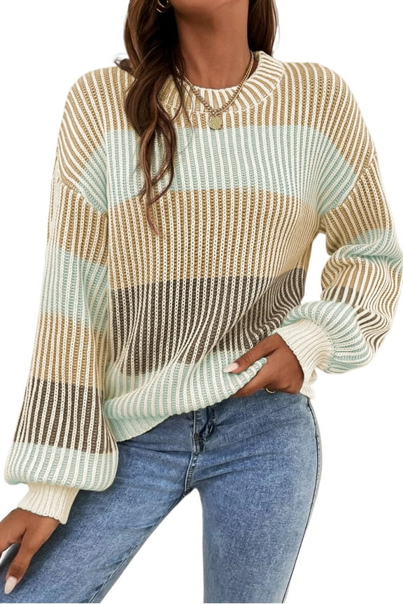 Women's Cozy Brown Colorblock Textured Knit Bubble Sleeve Sweater - [ZhiHiMeRi] | (US 16-18)XL