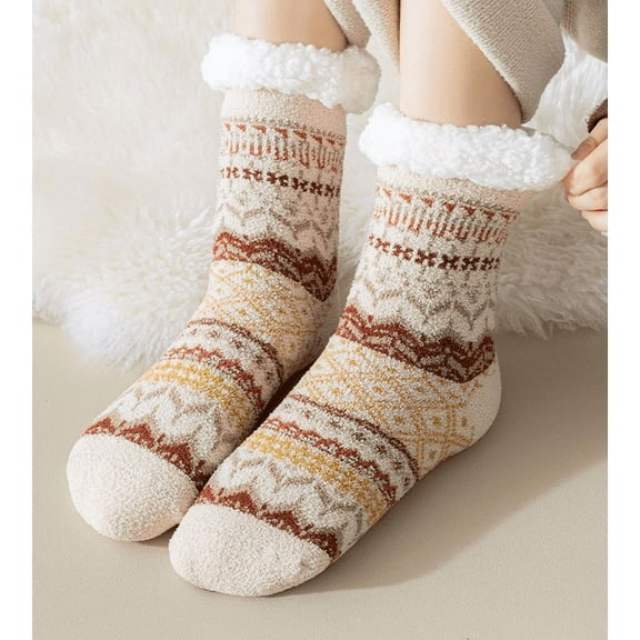 Women's Cozy Cabin Socks with Non-Slip Grips, Plush Sherpa Fleece Lining, Warm Thermal Slipper Socks for Cold Nights (Fits 5-11)