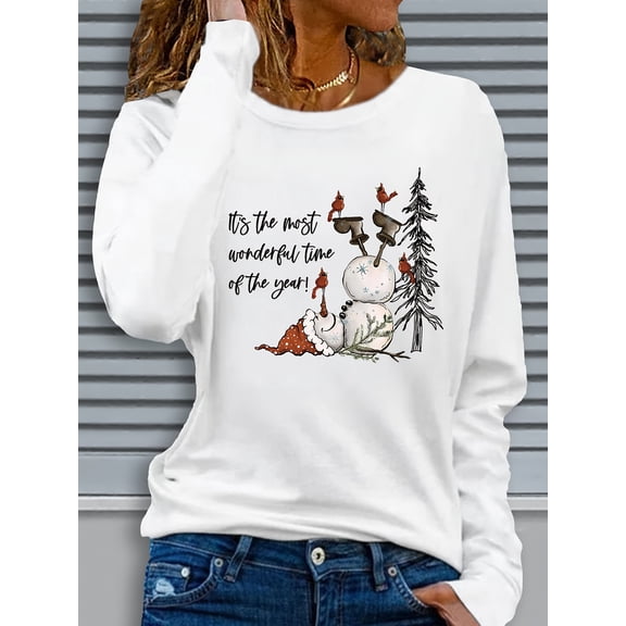 Women's Cozy Christmas Graphic Long Sleeve T-Shirt - "It's the Most Wonderful Time of the Year" Design, Gray Polyester Crew Neck Top for Fall/Winter Casual Wear, Christmas Shirts