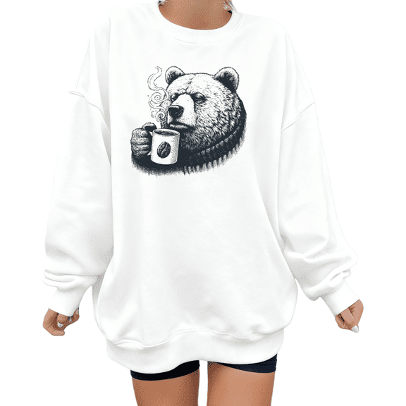 Women's Cozy Coffee Lover Vintage"Bear in Knit Scarf Sipping Morning Brew"Graphic Casual Sweatshirt Round-neck long-sleeved White S-3X