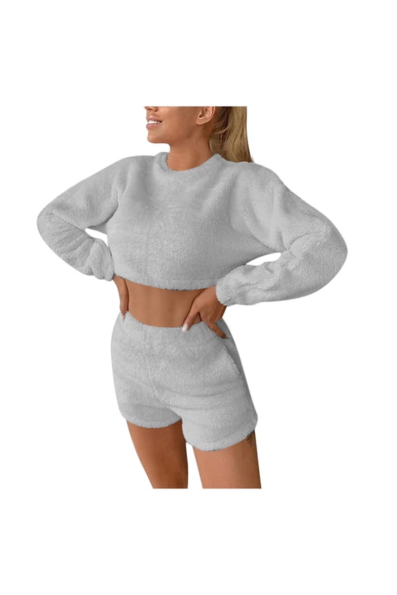 Women's Cozy Fall/Winter High Waist Long Sleeve Top & Shorts Pajama Set | Coral Loungewear Womens Swim Board Shorts Short Set Bathing Suit Tuxedo Shorts Set for Women Bikini Dresses Women Beach