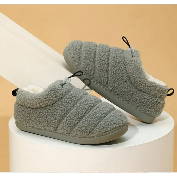 Women’s Cozy Faux Sherpa Fleece Slippers with Drawstring, Memory Foam Closed Back House Shoes with Nonslip Rubber Sole for Indoor and Outdoor