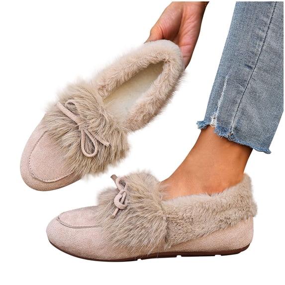 Women's Cozy Flat Shoe with Warm Fleece Lining Casual Comfortable Bow Round Toe Shoes for Indoor and Outdoor Casual Winter Flat Shoes