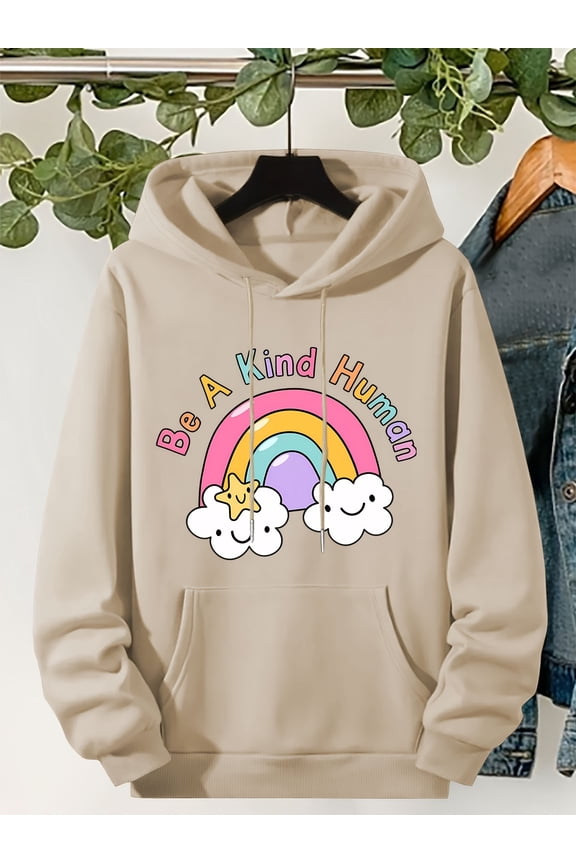 Women's Cozy Fleece Hoodie with Cartoon Rainbow & Cloud Graphic, Drawstring Pullover Sweatshirt for Fall/Winter - Machine Washable, Fall Winter Apparel | Playful Graphic Hoodie | Soft Fabric Hoodie