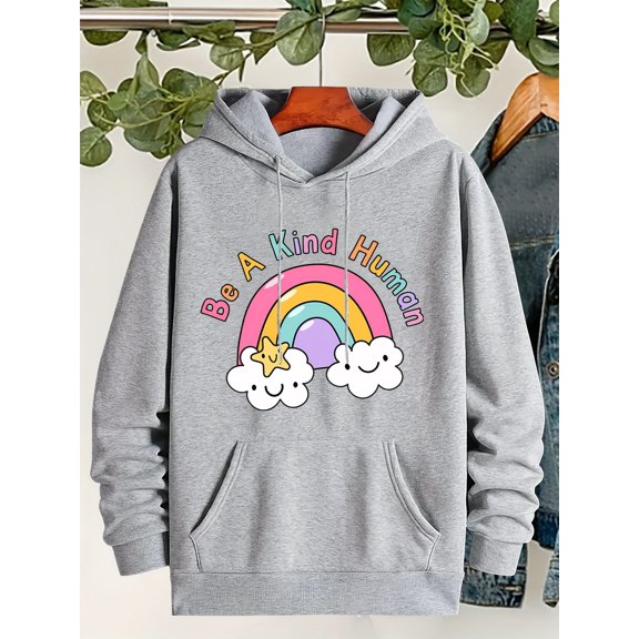 Women's Cozy Fleece Hoodie with Cartoon Rainbow & Cloud Graphic, Drawstring Pullover Sweatshirt for Fall/Winter - Machine Washable, Fall Winter Apparel | Playful Graphic Hoodie | Soft Fabric Hoodie