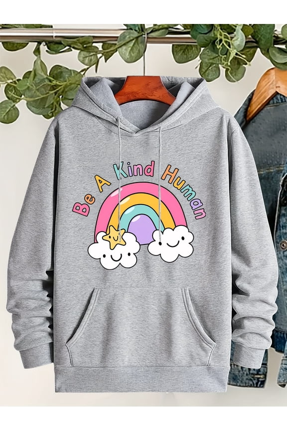 Women's Cozy Fleece Hoodie with Cartoon Rainbow & Cloud Graphic, Drawstring Pullover Sweatshirt for Fall/Winter - Machine Washable, Fall Winter Apparel | Playful Graphic Hoodie | Soft Fabric Hoodie