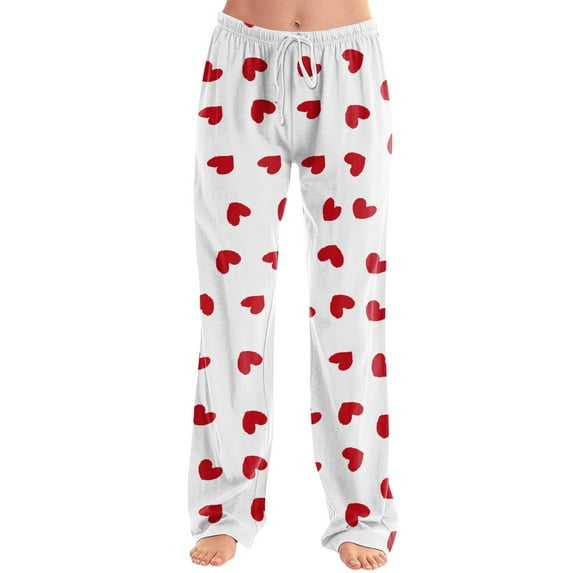 Women's Cozy Fleece Pajama Pants with Heart Print, Red Lounge Sleepwear, Soft Comfortable Nightwear, Adjustable Waist