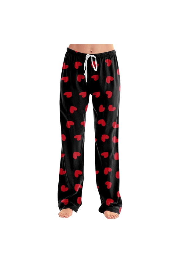 Women's Cozy Fleece Pajama Pants with Heart Print, Red Lounge Sleepwear, Soft Comfortable Nightwear, Adjustable Waist