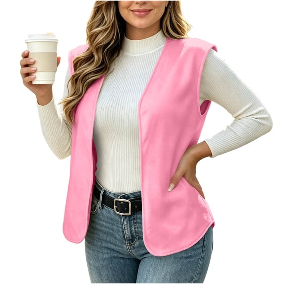 Women's Cozy Fleece Sleeveless Vest V Neck Open Front Loose Fit Plush Waistcoat Casual Fall Winter Warm Layering Gilet Outerwear Pink