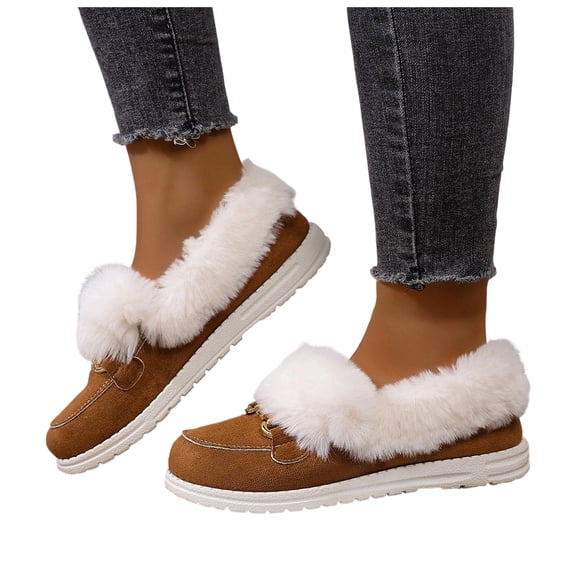 Women's Cozy Furry Slip on Boots Winter Warm Plush Lined Walking Loafers Suede Warm Cozy Flat Mules Shoes Brown Size 9