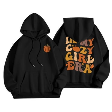 Women's Cozy Girl Era Hoodie Soft and Comfortable Red Pullover Sweatshirt with Pumpkin Design