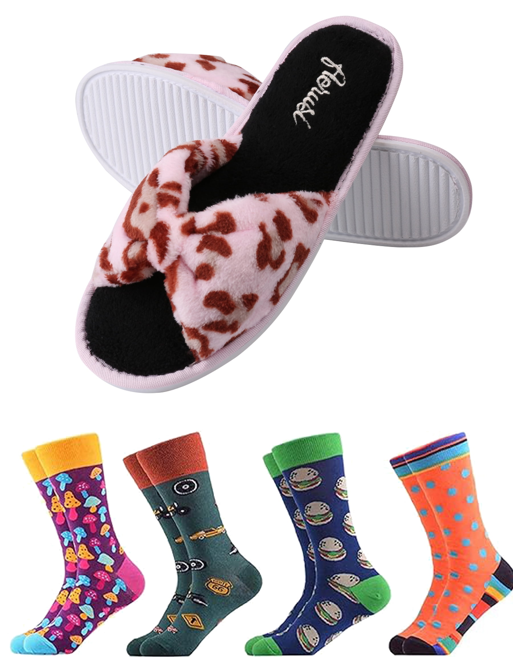 Women's Cozy Home Essential Gift Set – Leopard Memory Foam Slippers & 4 Pack Soft Fuzzy Socks, Warm Non-Slip Indoor Comfort. Perfect for Lounging, Winter & Holiday Gifts