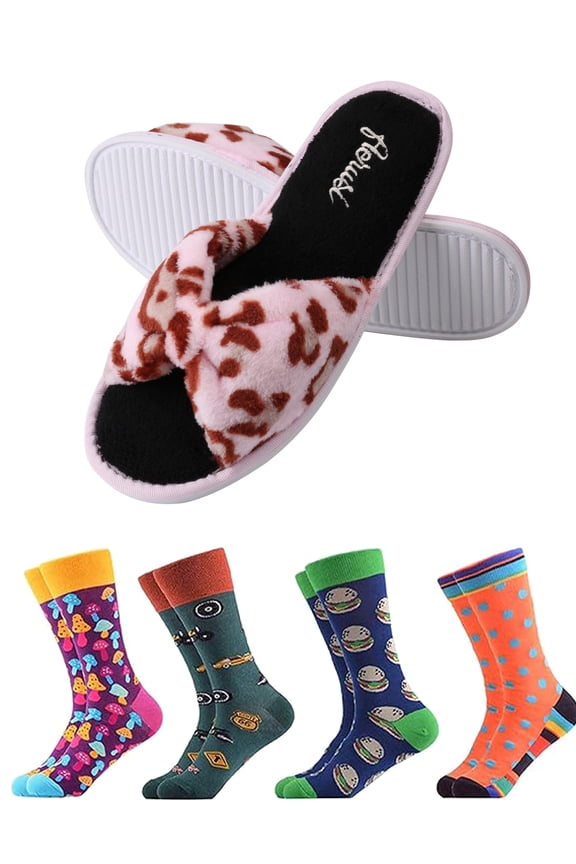 Women's Cozy Home Essential Gift Set – Leopard Memory Foam Slippers & 4 Pack Soft Fuzzy Socks, Warm Non-Slip Indoor Comfort. Perfect for Lounging, Winter & Holiday Gifts