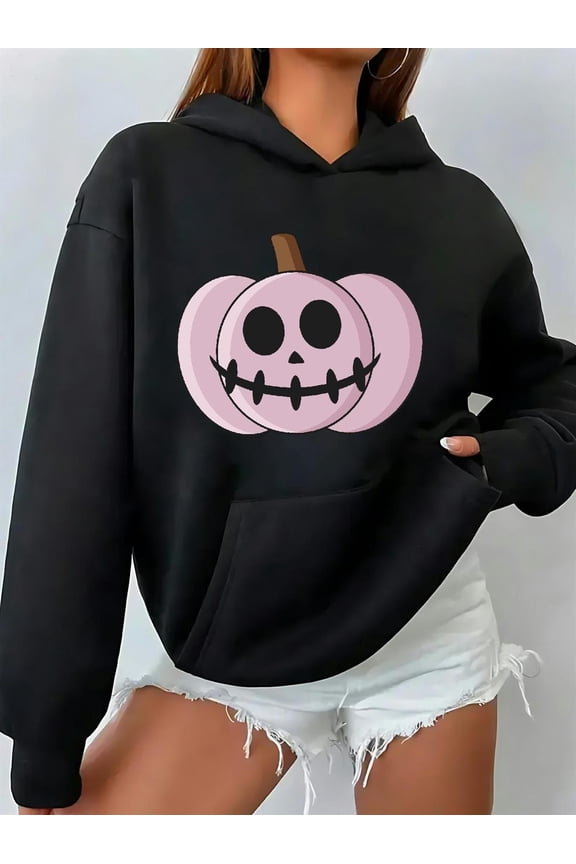 Women's Cozy Hooded Sweatshirt - Cute Jack-O-Lantern & Skull Face Pumpkin Pullover Sweater with Heart Eyes & Tooth Grin, Pink/Purple/Peach, Soft Machine-Washable Fabric, Relaxed Fit with Front Pocket