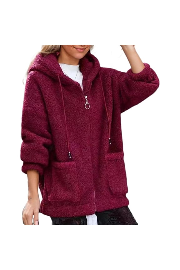 Women's Cozy Jacket Full Zip Hooded Outerwear Winter Warm Soft Casual Oversized Sweatshirt With Pockets