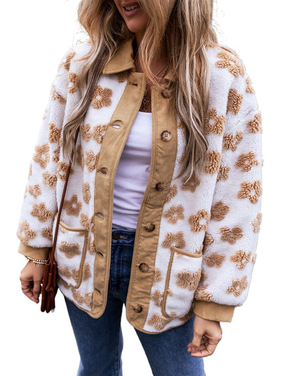 Women's Cozy Light French Beige Flower Pattern Button Up Fleece Jacket | [ZhiHiMeRi] | (US 20-22)2XL