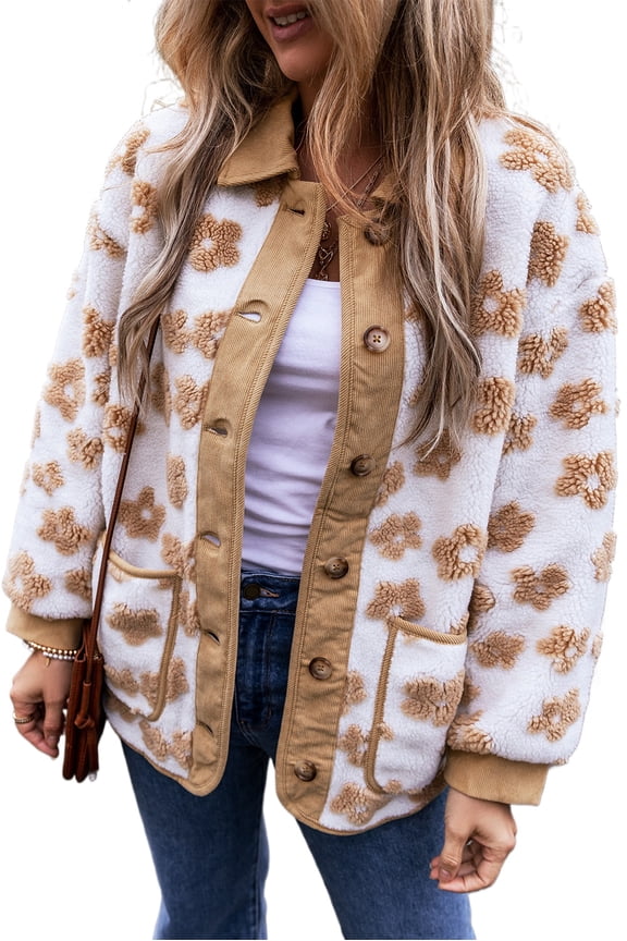 Women's Cozy Light French Beige Flower Pattern Button Up Fleece Jacket | [ZhiHiMeRi] | (US 20-22)2XL